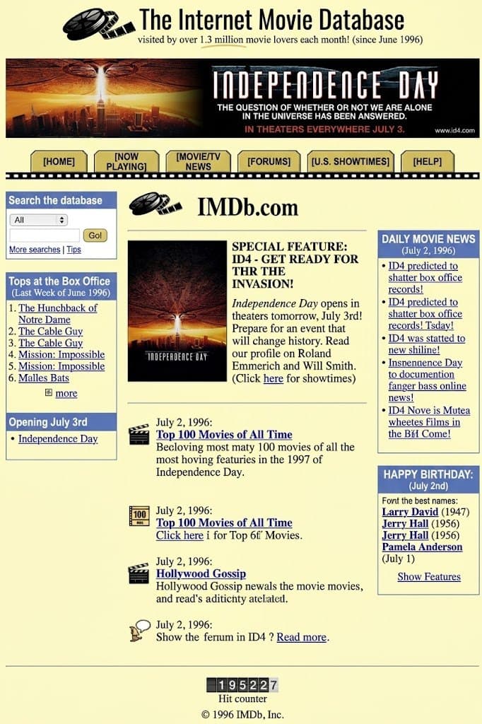 A reconstruction of the IMDb home page in July 1996, carrying a full-width Independence Day banner